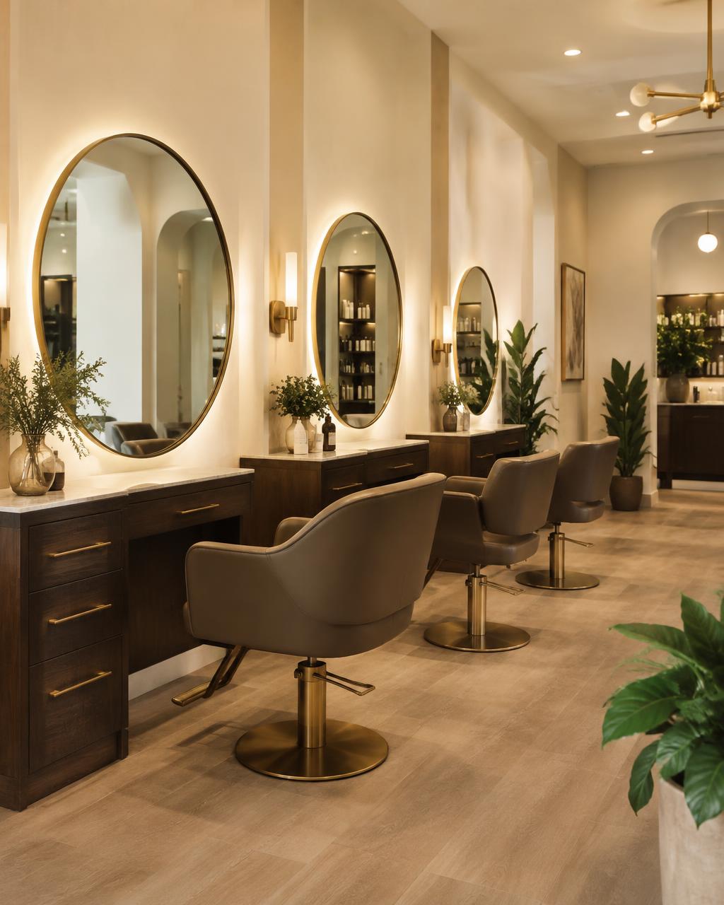Warm salon interior with round mirrors